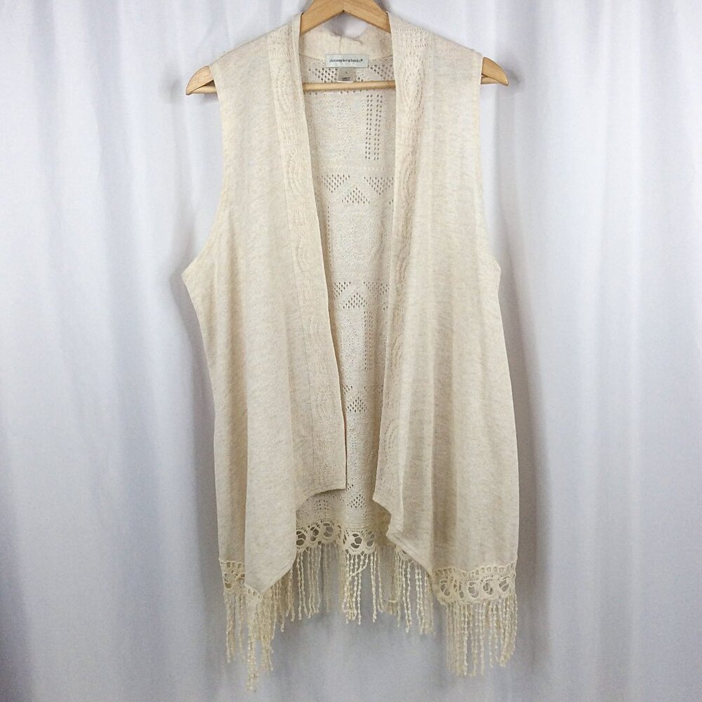 Christopher & Banks Fringe Crochet Cardigan Sweater Vest Womens Size Large Beige